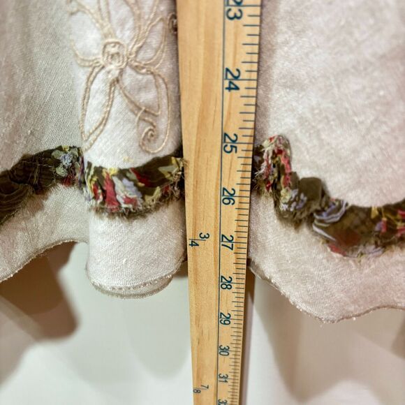 J Jill Linen Tan Skirt 18 Floral Embroidery 3D Ribbon Hanky Hem Cottagecore Boho - Picture 5 of 12